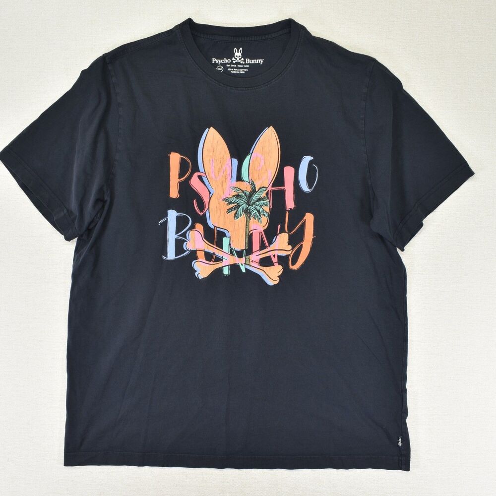 Psycho Bunny Mens XL Tall Black Pima Cotton Graphic T-Shirt Skull Bunny Palm Tre
